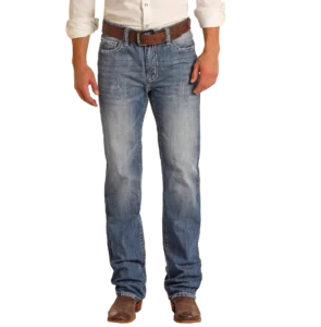 Man wearing the Double Barrel V-Pocket relaxed straight jeans in a light wash, showcasing unique western wear.