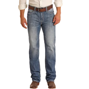 Man wearing the Double Barrel V-Pocket relaxed straight jeans in a light wash, showcasing unique western wear.