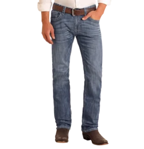 Man wearing the Revolver slim straight jeans, showcasing a modern and tailored western wear style.