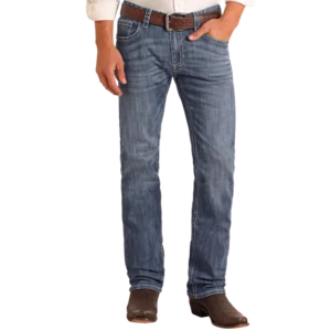 Man wearing the Revolver slim straight jeans, showcasing a modern and tailored western wear style.