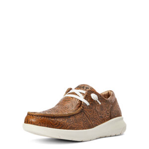 Brown Hilo slip-on shoe featuring tooled leather floral pattern