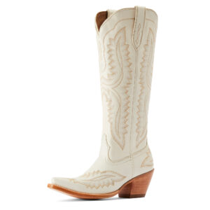White knee-high Casanova western boots with stitching.