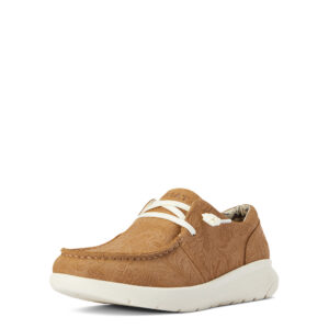 Tan Hilo slip-on shoe featuring floral embossed leather pattern