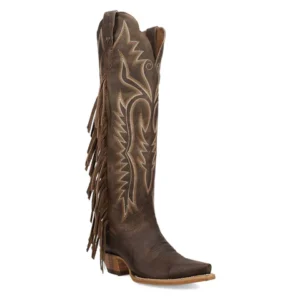 Tall 18-inch leather western boot with fringe accents and embroidery